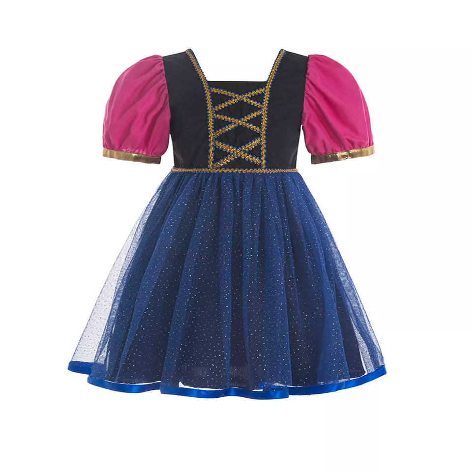 Anna-inspired fancy tutu dress with blue and magenta hues on a white background.